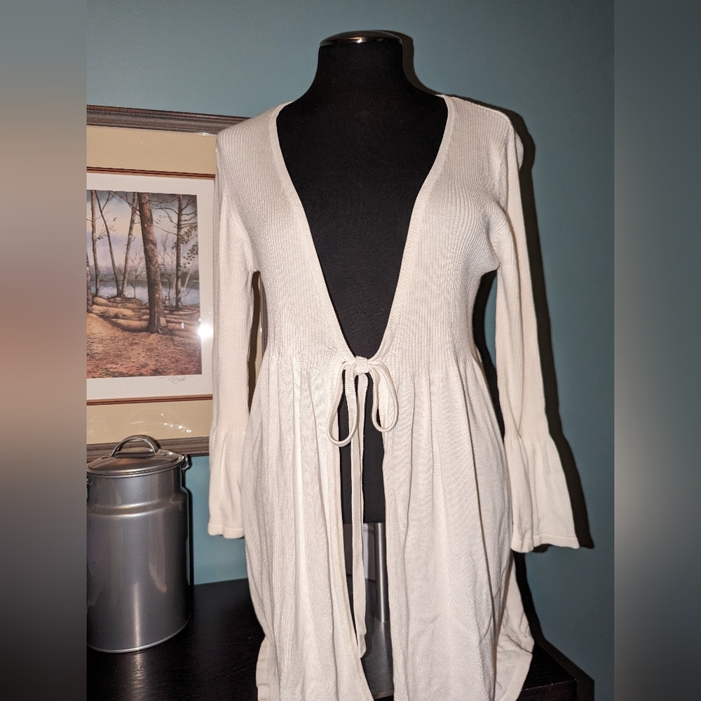 Max Studio long cardigan sweater with tie front, size Small, winter white